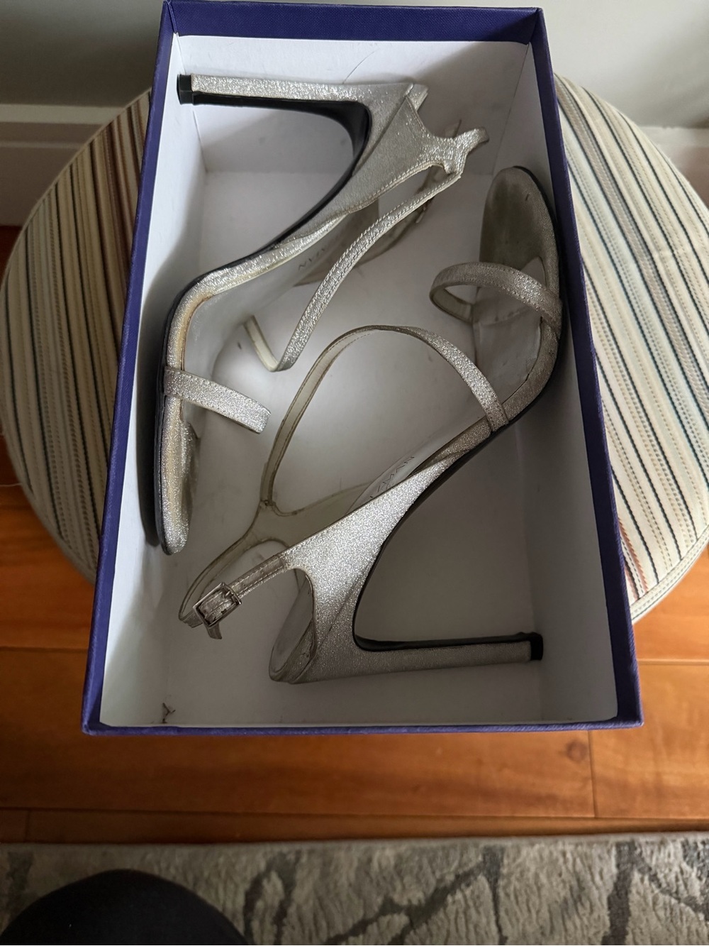 Stuart Weitzman Silver Glitter Strappy Stiletto Sandals